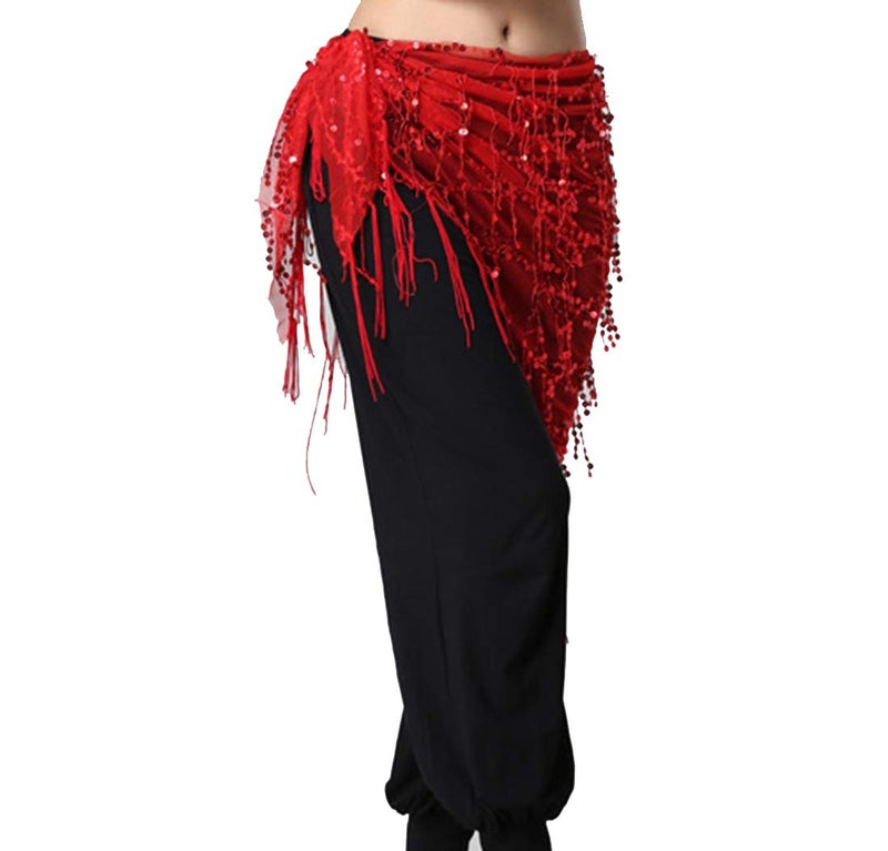 Lauthen.S Women Belly Dance Hip Scarf, Sequin Tassels Triangle Tribal Wrap Skirt Waist Chain Red - Image 4